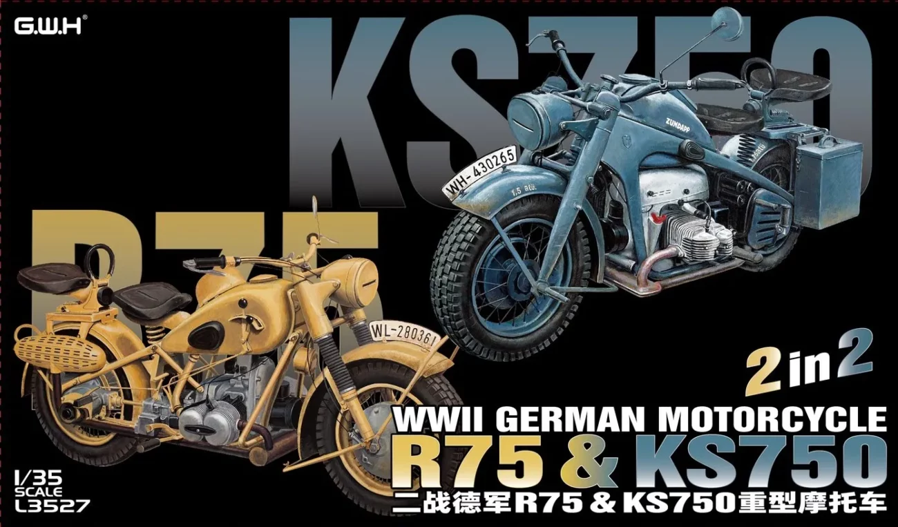 Model kit box art for G.W.H 1/35 scale WWII German motorcycles R75 and KS750, featuring detailed illustrations of both motorcycles in military colors